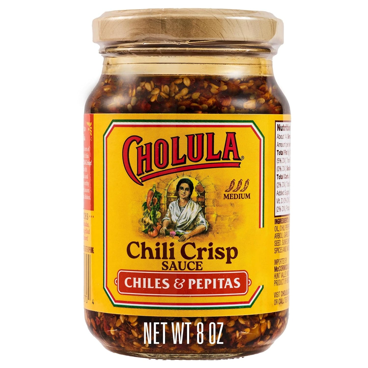 Cholula-Chili-Crisp-Sauce,-Chiles-&-Pepitas,-Crunchy-Topping-for-Tacos,-Tostadas,-1957