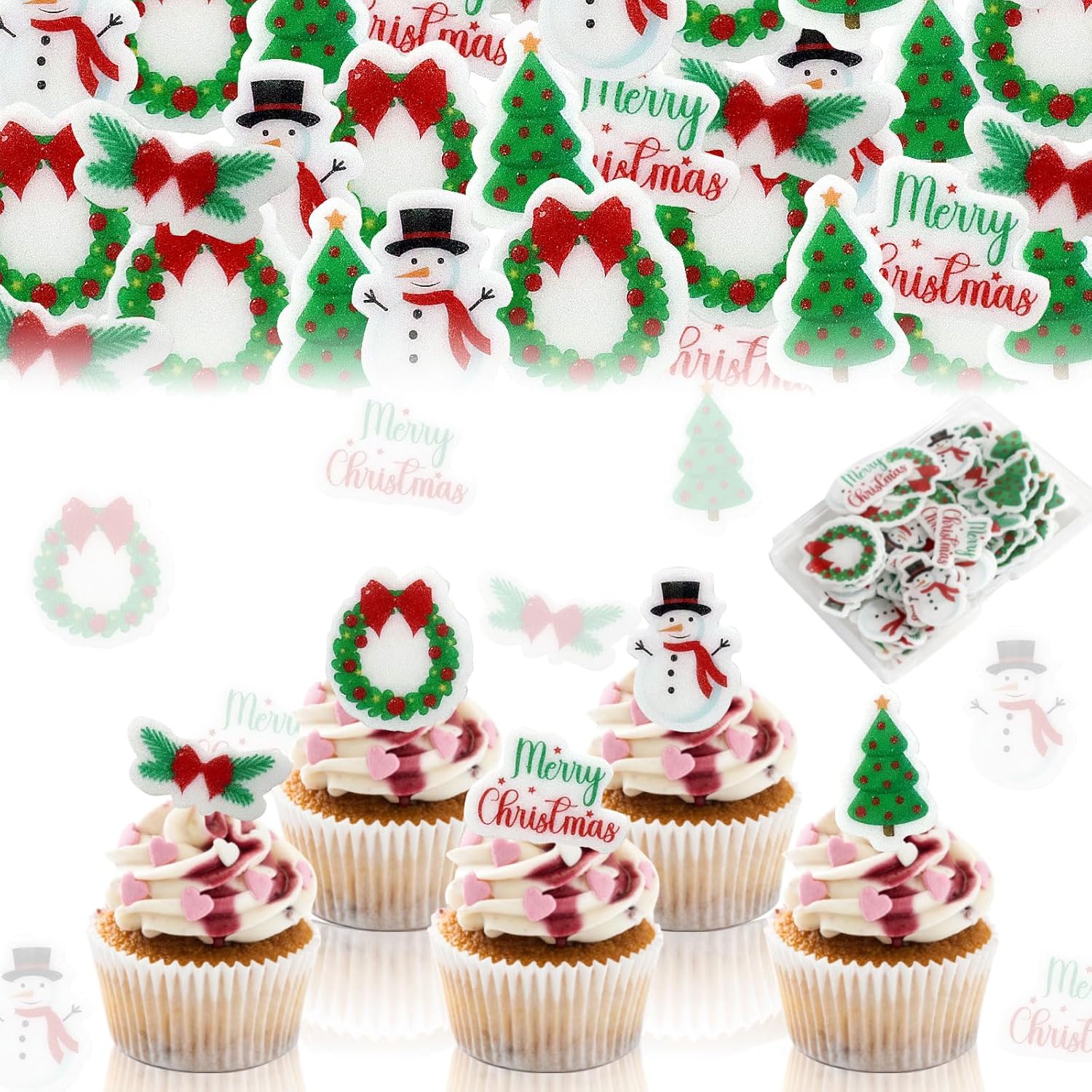 100Pcs-Edible-Christmas-Cupcake-Toppers-with-Snowman,-Tree,-Wreath---Perfect-for-Cake-and-5