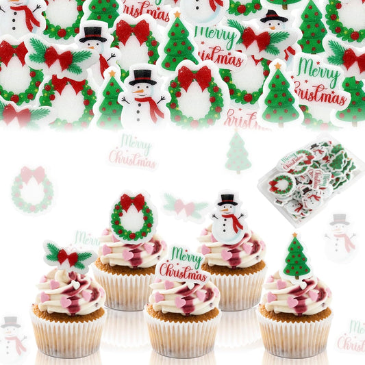 100Pcs-Edible-Christmas-Cupcake-Toppers-with-Snowman,-Tree,-Wreath---Perfect-for-Cake-and-5