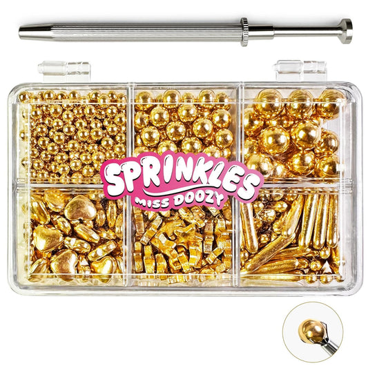 Gold-Sprinkles-with-4-Claw-Pick-up-Tool-Pearl-Sugar-Mix-Size-6.5oz-Metallic-&-1327