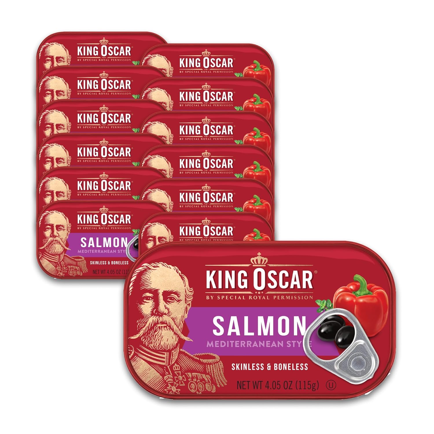 King-Oscar-Salmón-premium-en-aceite-de-oliva,-estilo-mediterráneo,-latas-de-onzas-1370