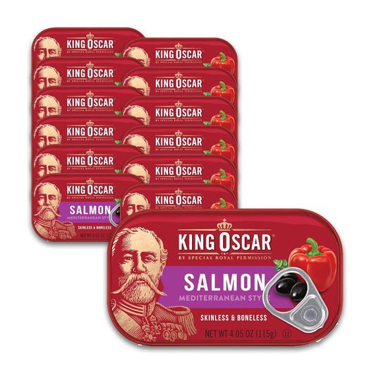 King-Oscar-Salmón-premium-en-aceite-de-oliva,-estilo-mediterráneo,-latas-de-onzas-1370