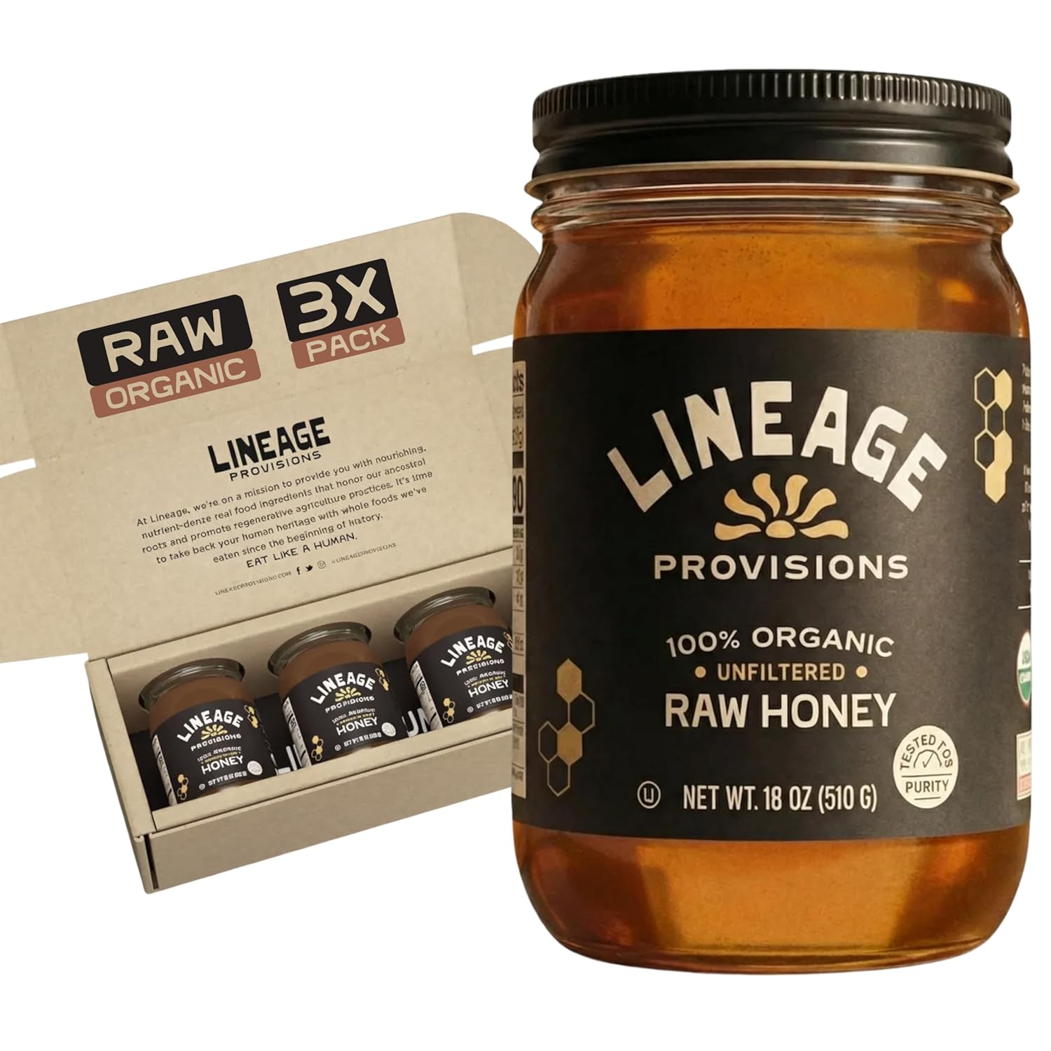 Lineage-Provisions-1-Organic-Raw-Unfiltered-Honey-–-3-Pack-(18-oz-Glass-–-Glyphosate,-2237