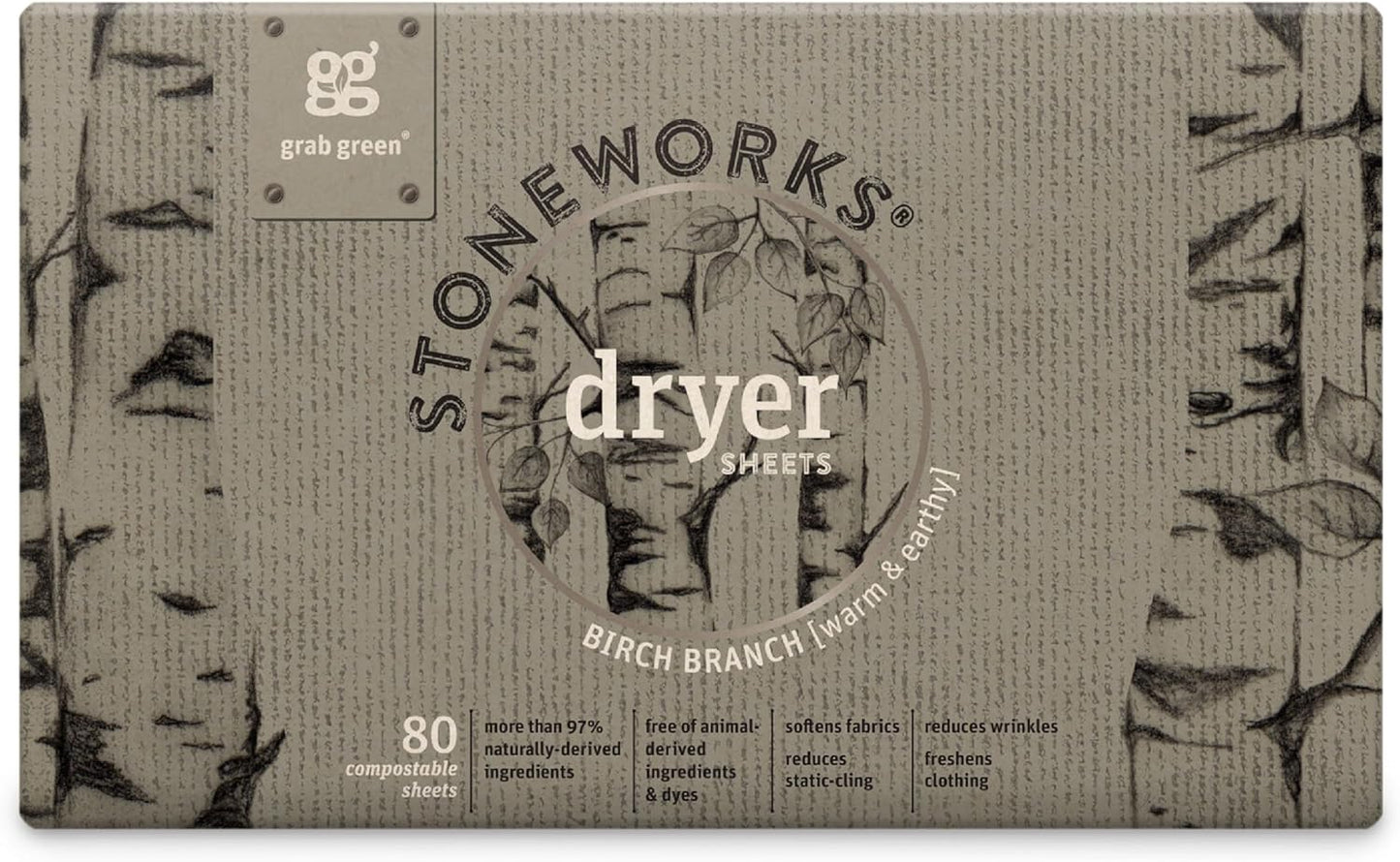 Grab-Green,-Stoneworks,-Dryer-Sheets,-80-Compostable-Sheets-(Birch-Branch)-----591