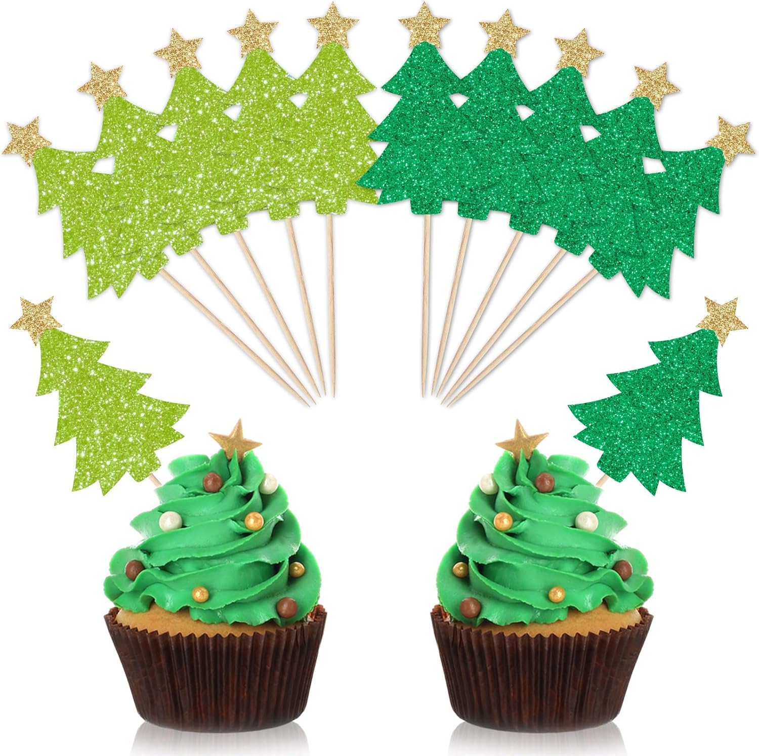 Whaline-48Pcs-Christmas-Tree-Cupcake-Topper-Glitter-4244