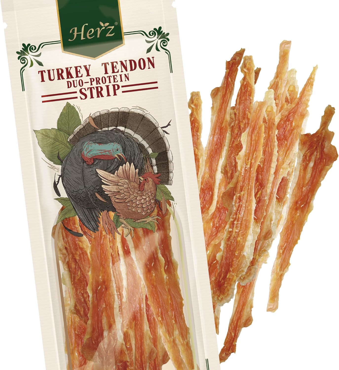 Herz-Turkey-Tendons-for-Dogs,-Duo-Protein,-Hypoallergenic-Puppy-Treats,-USA-Sourced,-Rawhide-Long-1528