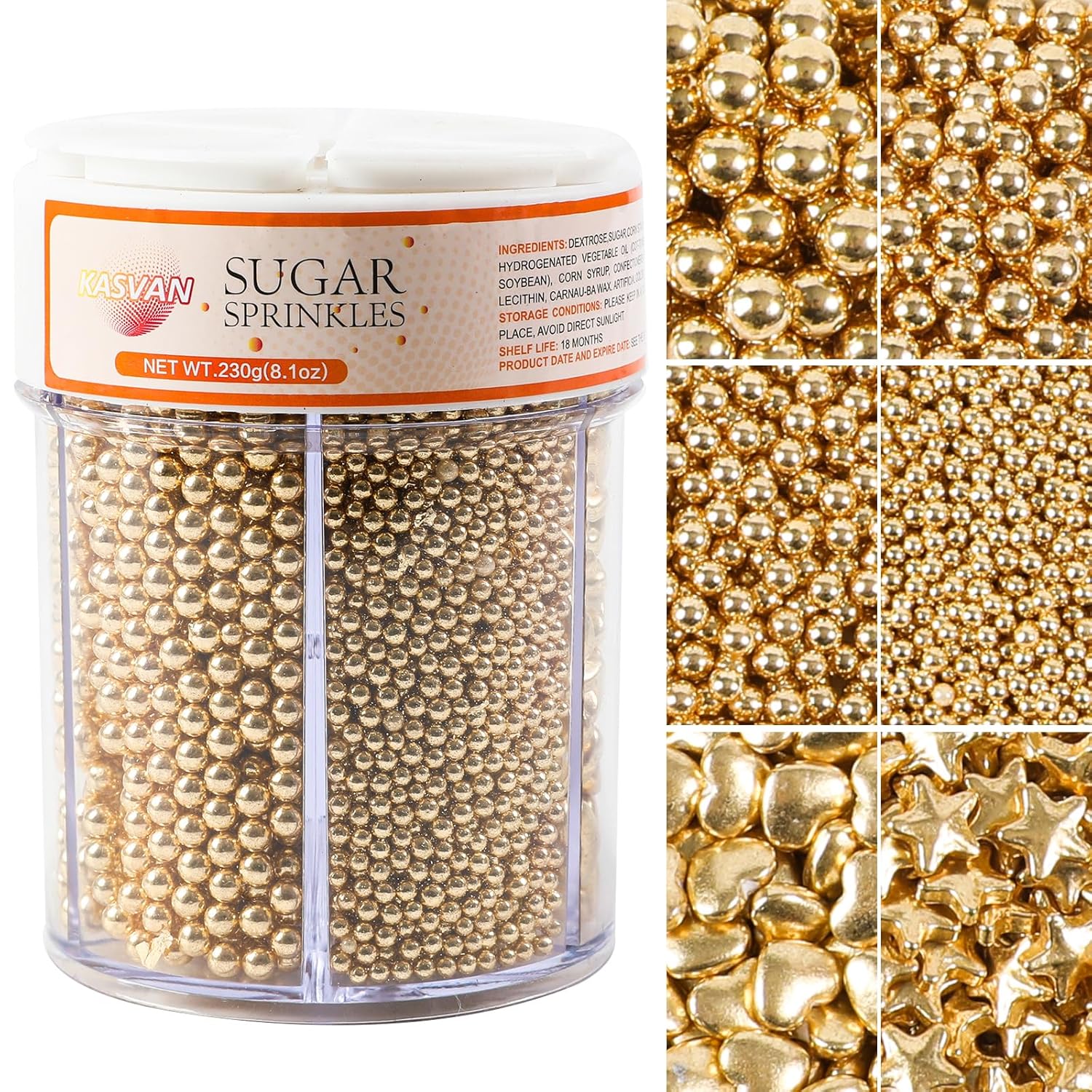 Kasvan-Gold-Pearl-Sugar-Sprinkles,-6-Sizes-Mix-for-Cake-Decorating,-230g/8.1oz,-Cream-and-1573