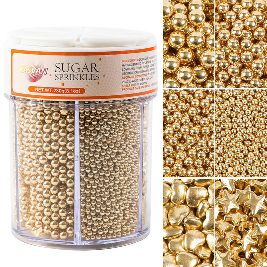 Kasvan-Gold-Pearl-Sugar-Sprinkles,-6-Sizes-Mix-for-Cake-Decorating,-230g/8.1oz,-Cream-and-1573