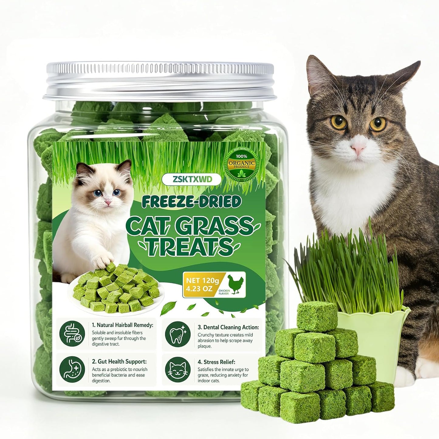 Cat-Grass-Treats,-120g/4.23-Oz-Natural-Natural-Wheatgrass-Pellets,-Grain-Free-Freeze-Dried-Cat-Treats,-70