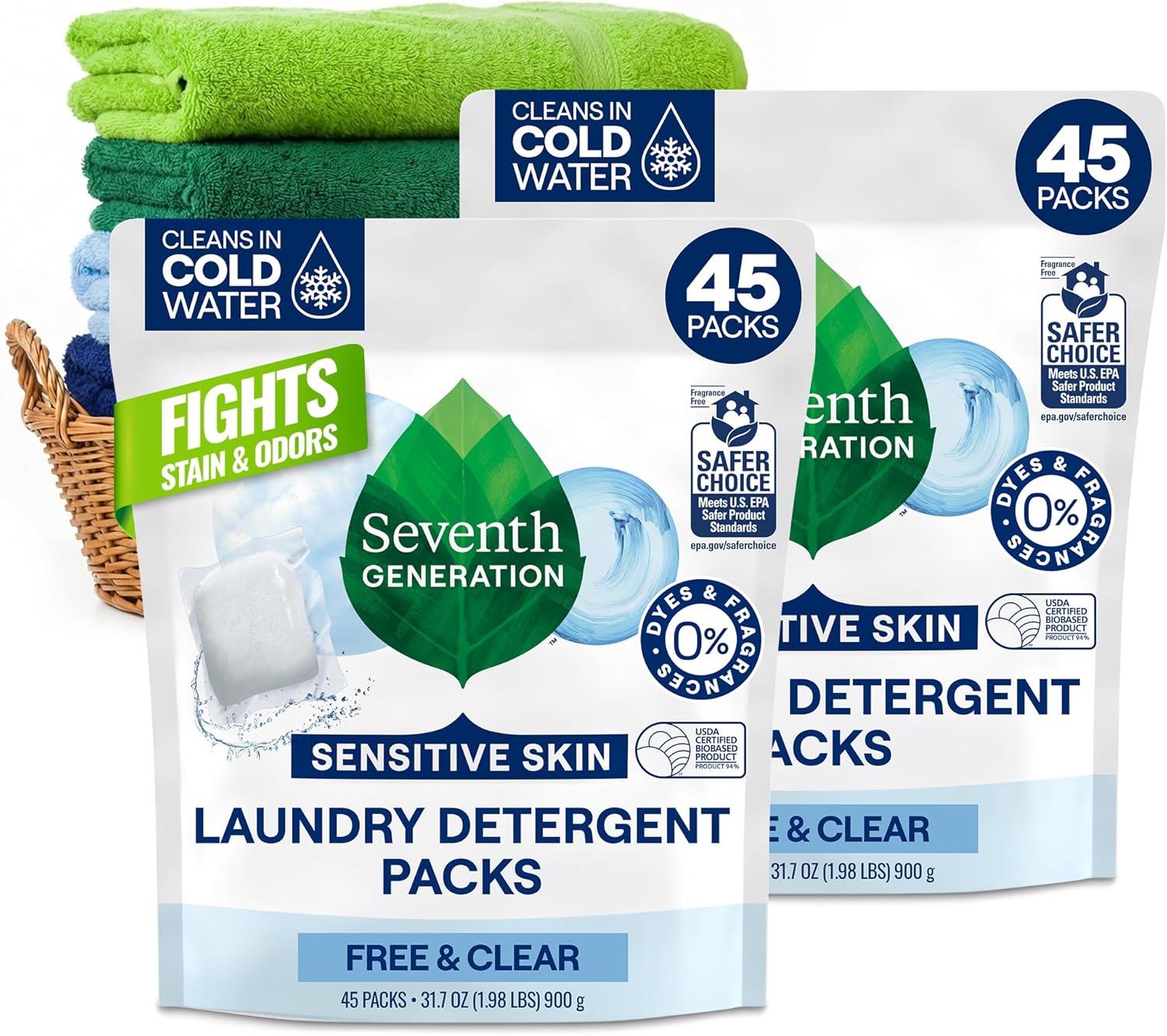 Seventh-Generation-Laundry-Detergent-Packs,-Free-&-Clear,-90-Loads-(2-pouches,-1641