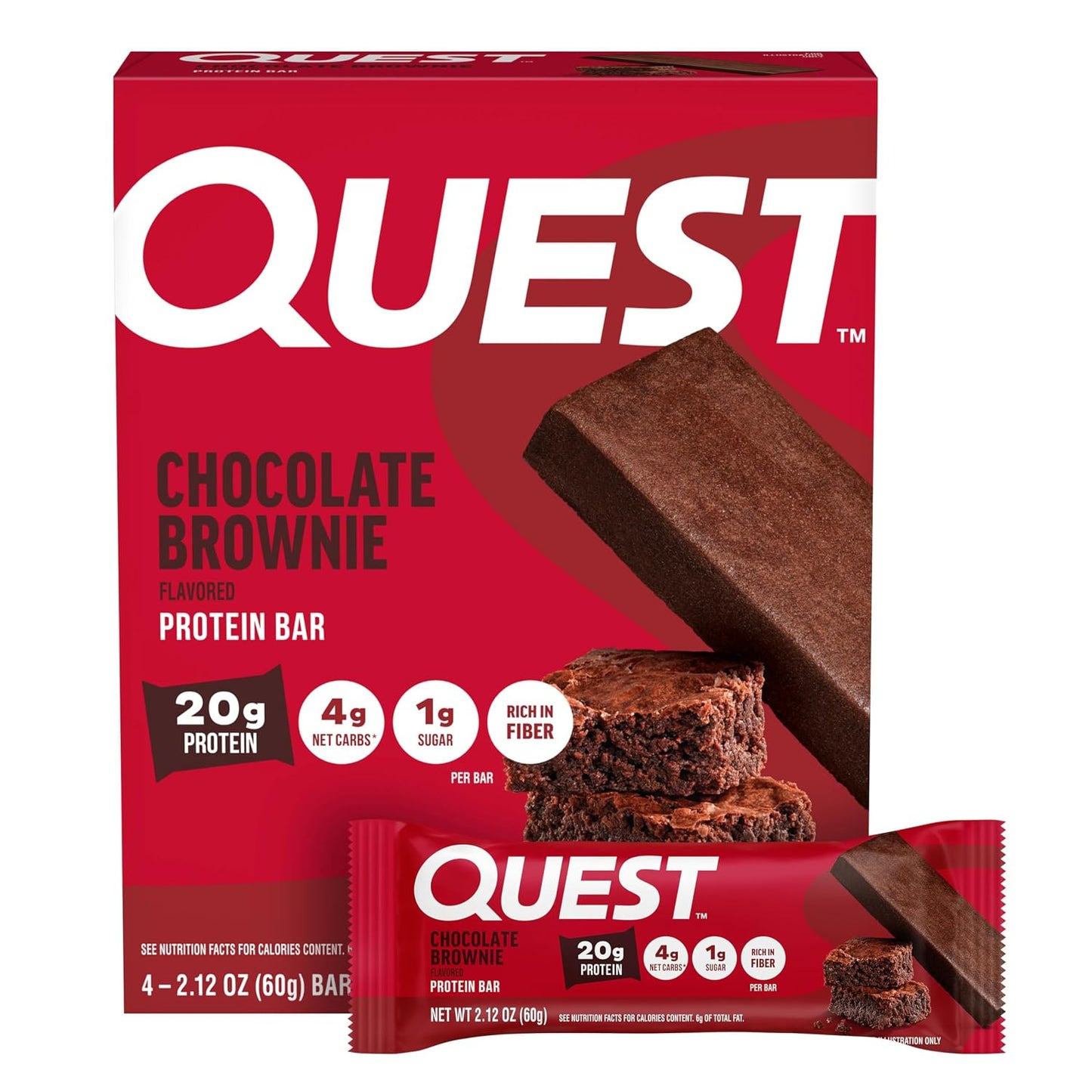Quest-Nutrition-Chocolate-Brownie-Protein-Bar,-20g-Protein,-4-Count-|--15g-Fiber,-4g-Carbs,-1228