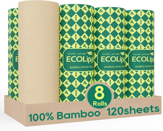 ECOlipak-Paper-Towels---8-Rolls,-2-Ply-120-Sheets--Plastic-Free,-Tree-Free,-Compostable,-510