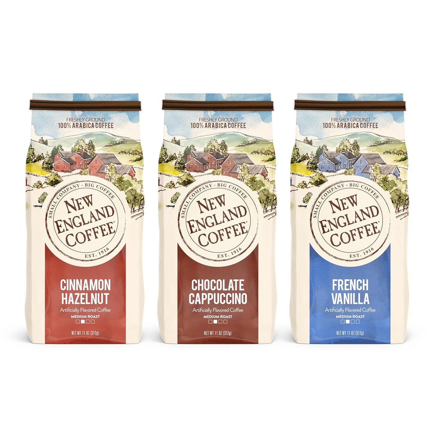 New-England-Coffee-Variety-Pack---Cinnamon-Hazelnut/Chocolate-Cappuccino/French-Vanilla,-11oz-Bag-(Pack-3
