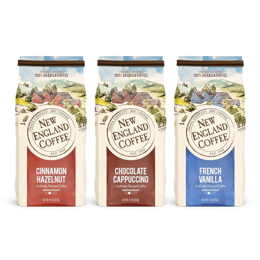 New-England-Coffee-Variety-Pack---Cinnamon-Hazelnut/Chocolate-Cappuccino/French-Vanilla,-11oz-Bag-(Pack-3