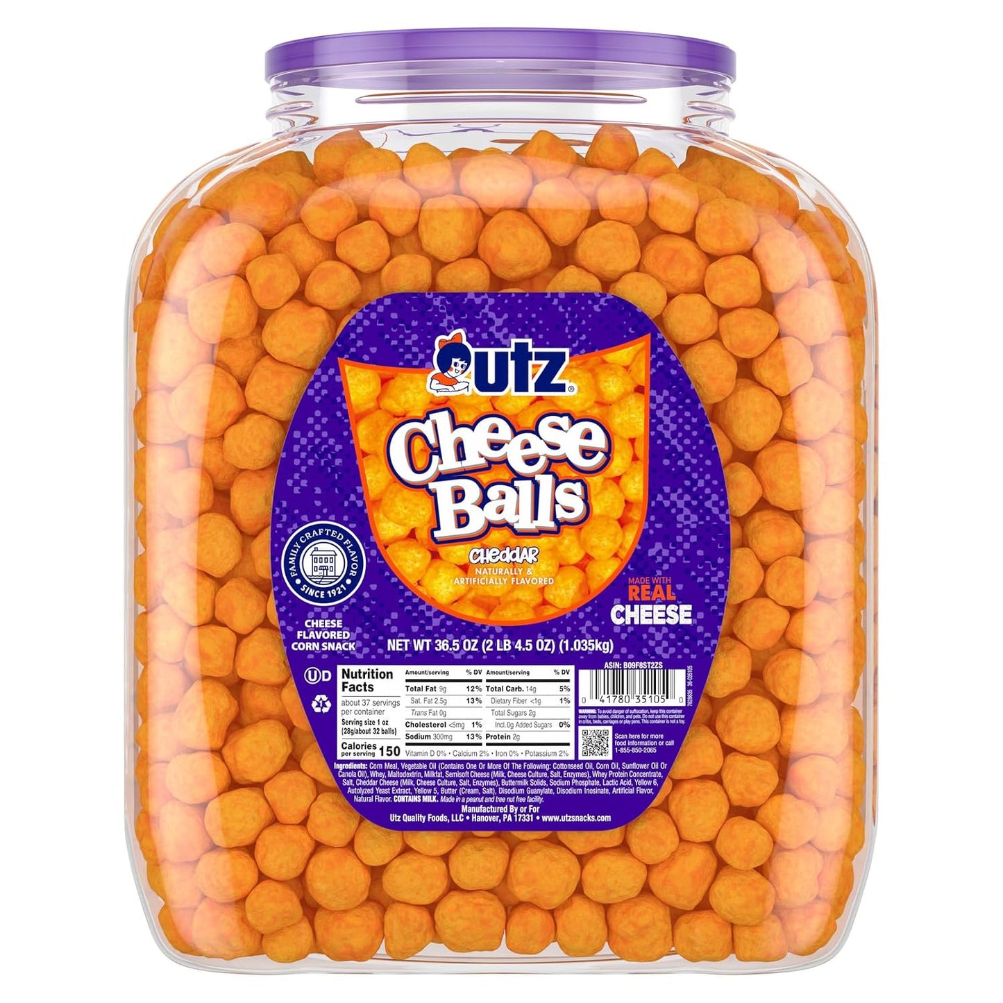 Utz-Cheese-Balls-Barrel,-Tasty-Snack-Baked-with-Real-Cheddar-Cheese,--Delightfully-Poppable-Party-Gluten,-2599
