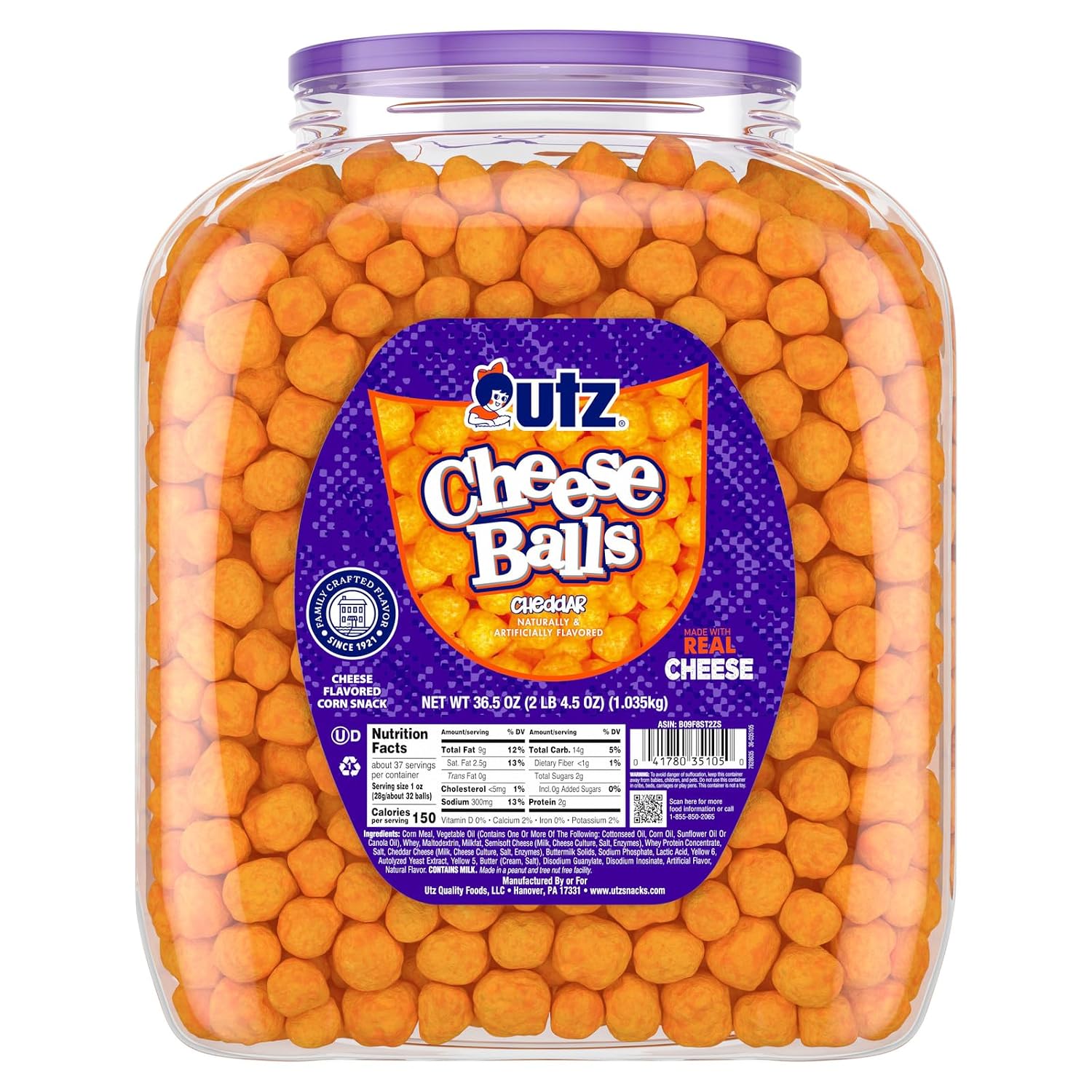 Utz-Cheese-Balls-Barrel,-Tasty-Snack-Baked-with-Real-Cheddar-Cheese,--Delightfully-Poppable-Party-Gluten,-2599