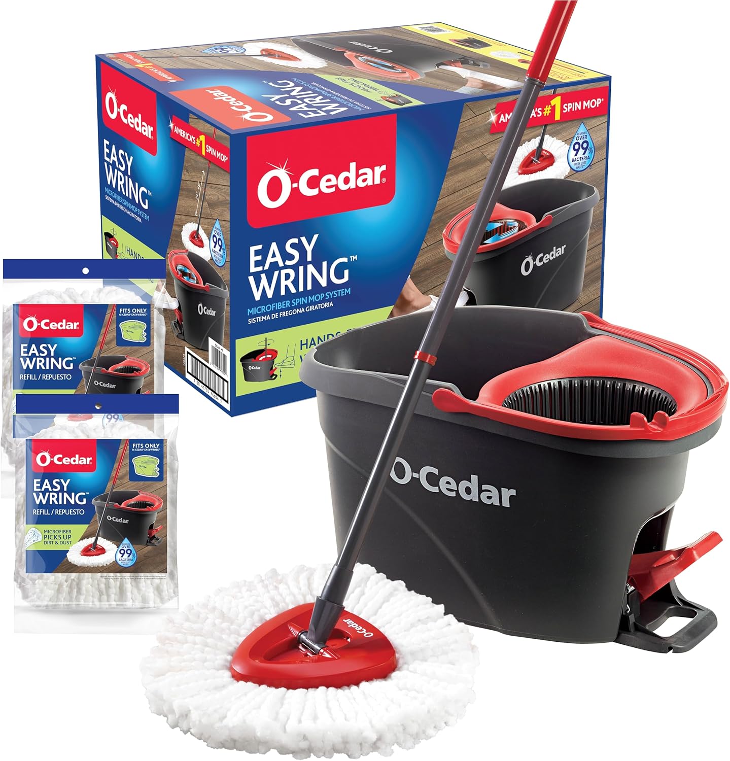O-Cedar-EasyWring-Microfiber-Spin-Mop-&-Bucket-Floor-Cleaning-System-+-2-Extra-Refills,-Red/Gray-2008