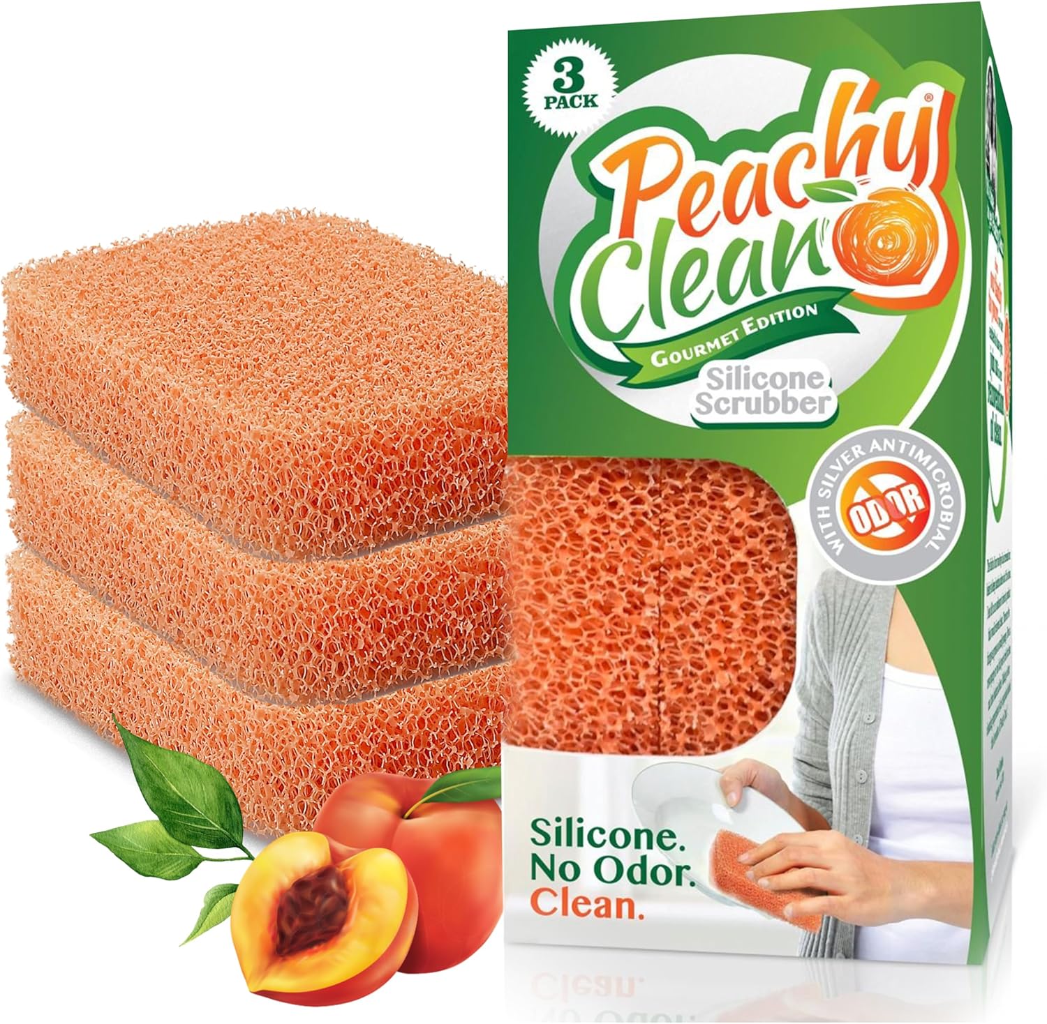 Peachy-Clean-Silicone-Dish-Sponge-Scrubbers,-Fresh-Peach-Scent,-Non-Scratch,-4401