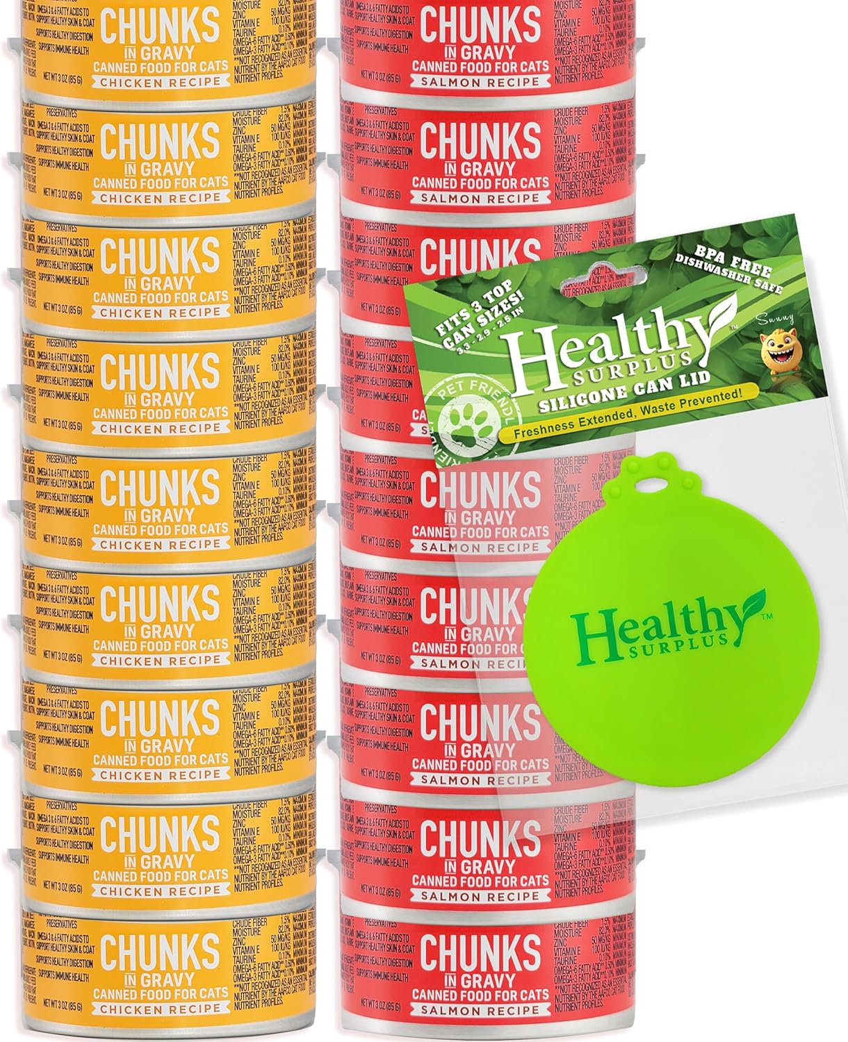 Healthy-Surplus-Chunks-in-Gravy-Variety-18-Cans-Wet-Cat-Food-Salmon-Chicken-|274