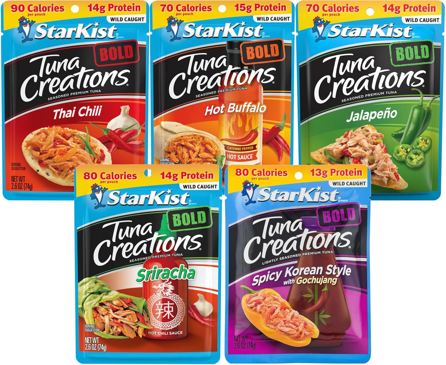 Starkist-Tuna-Creations-Bold,-variedad-de-5-sabores,-chile-tailandés,-búfalo-caliente,-sriracha,-702