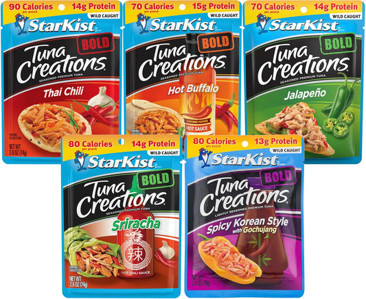 Starkist-Tuna-Creations-Bold,-variedad-de-5-sabores,-chile-tailandés,-búfalo-caliente,-sriracha,-702