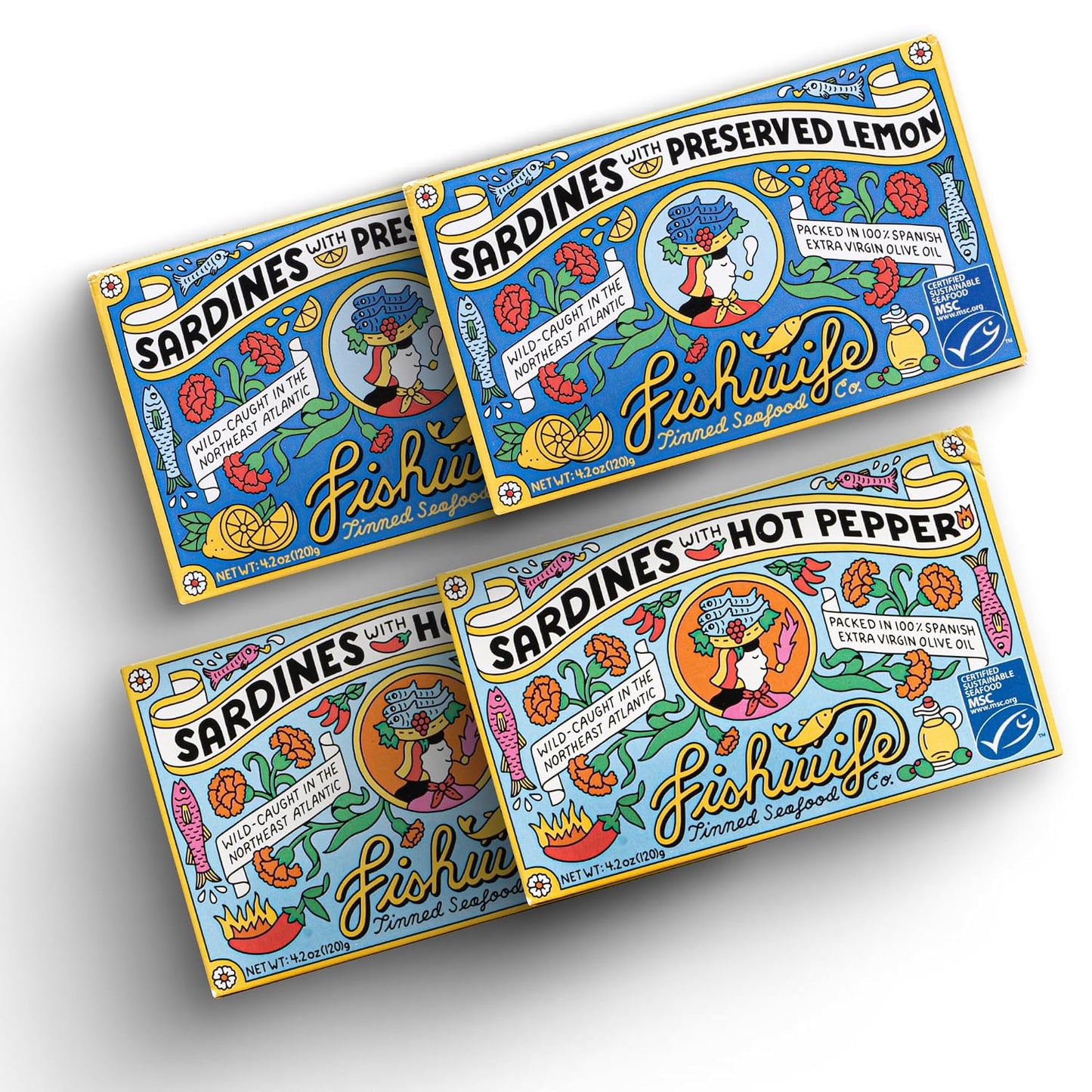 Fishwife-Sardine-Quad-4-Pack-(2x-Sardines-with-Lemon,-2x-Sardines-with-Hot-Pepper)-803