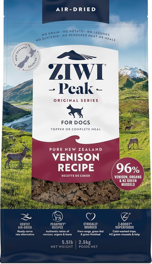 ZIWI Peak - Alimento para perros secado al aire, completamente natural, alto contenido en proteínas, sin granos y con ingredientes limitados con superalimentos (venado, 5.5 libras)