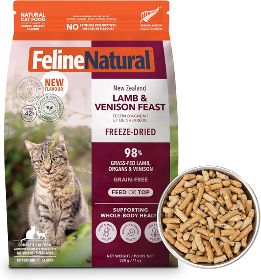 Feline Natural Freeze Dried Cat Food 11 oz Grain-Free and High Protein Cat Food from New Zealand